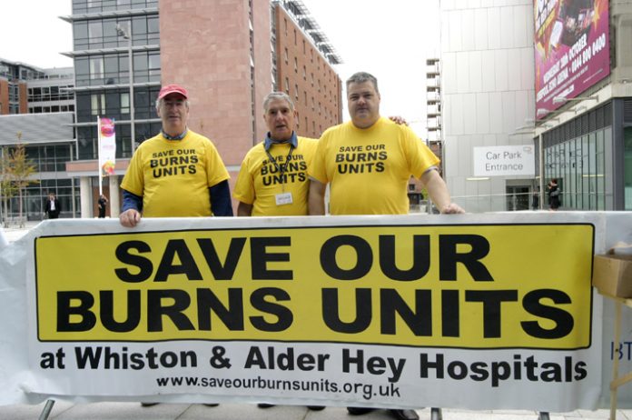 Campaigners outside the TUC Congress fighting to keep specialist burns units at the Alder Hey and Whiston Hospitals on Merseyside