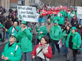 EU steel and postal workers marching to defend jobs in London this year, before the G8 Summit