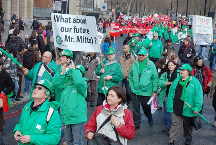 EU steel and postal workers marching to defend jobs in London this year, before the G8 Summit