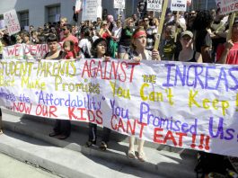 Students, lecturers and workers at the University of California showing their anger at cuts to public education