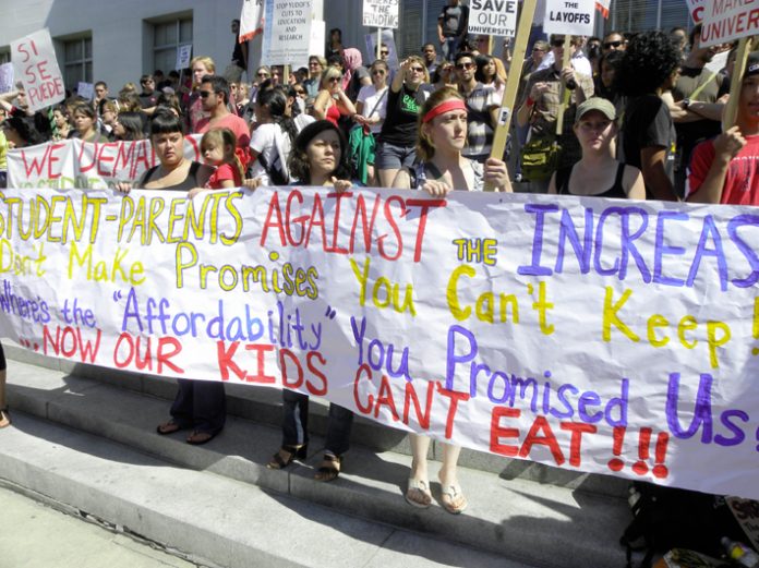 Students, lecturers and workers at the University of California showing their anger at cuts to public education