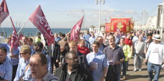 Postal workers lobbying the Labour Party Conference in Brighton yesterday demanding no privatisation of Royal Mail