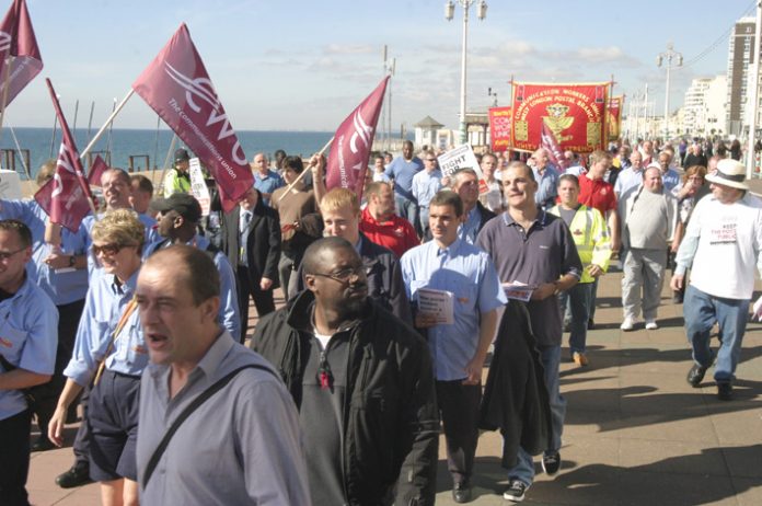 Postal workers lobbying the Labour Party Conference in Brighton yesterday demanding no privatisation of Royal Mail