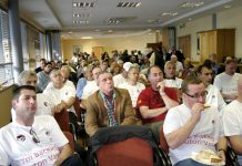 Shop stewards from Luton GMM at the front of a fringe meeting at the TUC Congress to defend Vauxhall jobs. There was no union representation present at the meeting on Tuesday night when workers were told 354 would be sacked