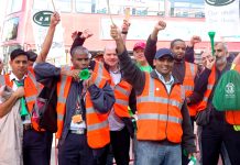 London United RMT busworkers lobbying Hounslow bus garage yesterday demanding union recognition