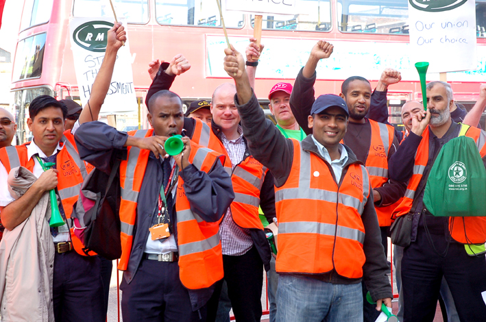 London United RMT busworkers lobbying Hounslow bus garage yesterday demanding union recognition