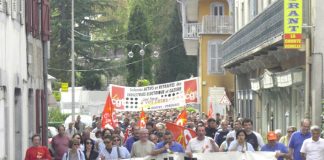 The front of the 500-strong march in Bagneres de Bigorre