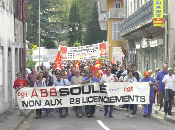 The front of the 500-strong march in Bagneres de Bigorre