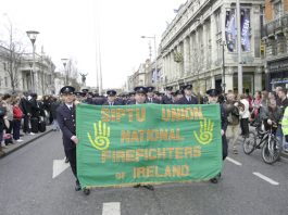 Firefighters with their banner on the 125.000-strong demonstration in Dublin on February 21st against government cuts to jobs and wages