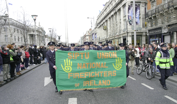 Firefighters with their banner on the 125.000-strong demonstration in Dublin on February 21st against government cuts to jobs and wages