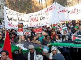 Demonstrators in London last January show their support for Palestinian resistance to the Israeli occupation