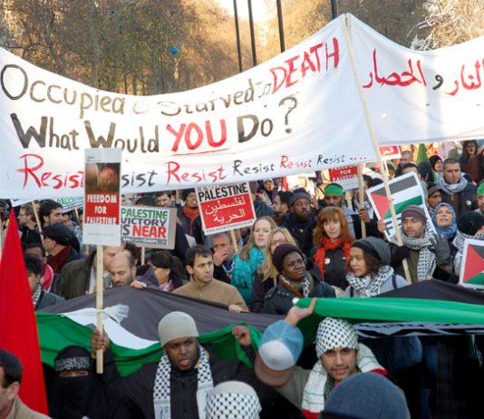 Demonstrators in London last January show their support for Palestinian resistance to the Israeli occupation