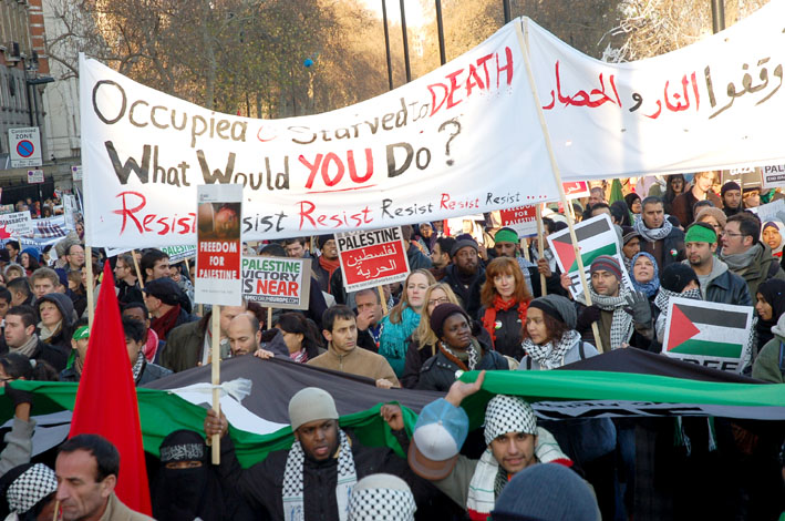 Demonstrators in London last January show their support for Palestinian resistance to the Israeli occupation