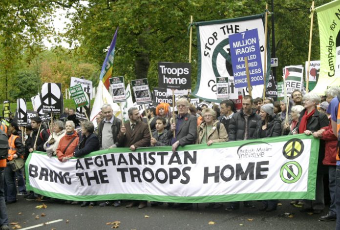 The front of the over 10,000-strong march in London on Saturday to demand withdrawal of British troops from Afghanistan