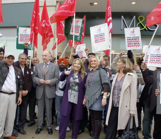 Sacked 2 Sisters workers demonstrating outside Marks & Spencer’s ‘flagship’ store in Oxford Street. Unite assistant general secretary JACK DROMEY (centre) pledged ‘We will win the jobs back of these 59 workers’