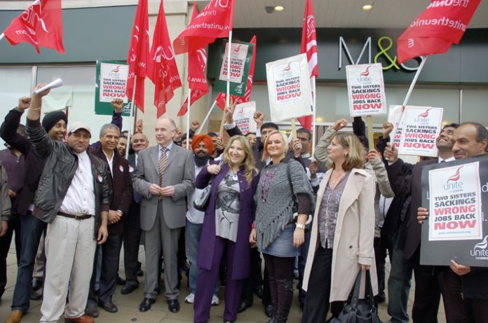 Sacked 2 Sisters workers demonstrating outside Marks & Spencer’s ‘flagship’ store in Oxford Street. Unite assistant general secretary JACK DROMEY (centre) pledged ‘We will win the jobs back of these 59 workers’