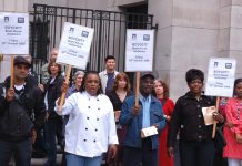 Sacked BBC canteen workers demonstrating outside Bush House in Central London yesterday