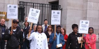 Sacked BBC canteen workers demonstrating outside Bush House in Central London yesterday
