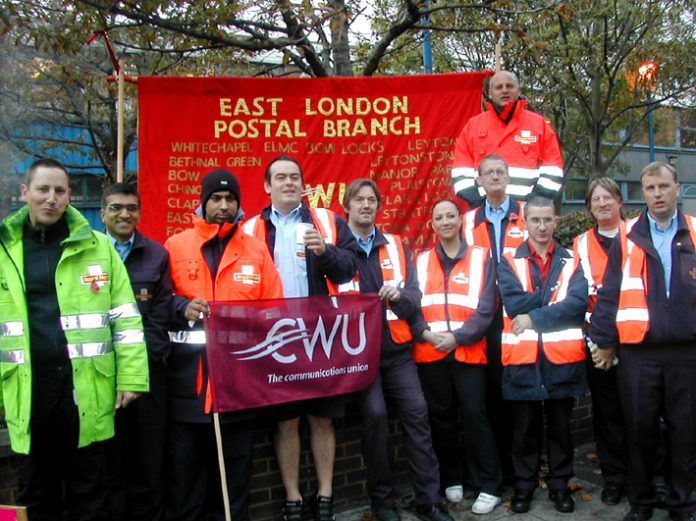 CWU members in Bow, east London, fighting to defend their jobs and stop the casualisation of Royal Mail