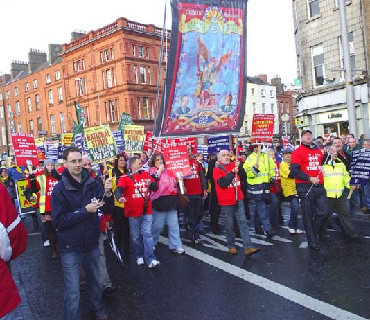 SIPTU banner on the 100,000-strong march through Dublin on Friday
