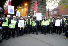 Lively picket line outside Bow  bus garage yesterday morning