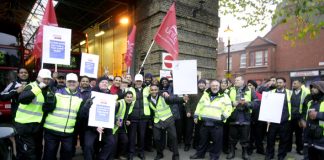 Lively picket line outside Bow  bus garage yesterday morning