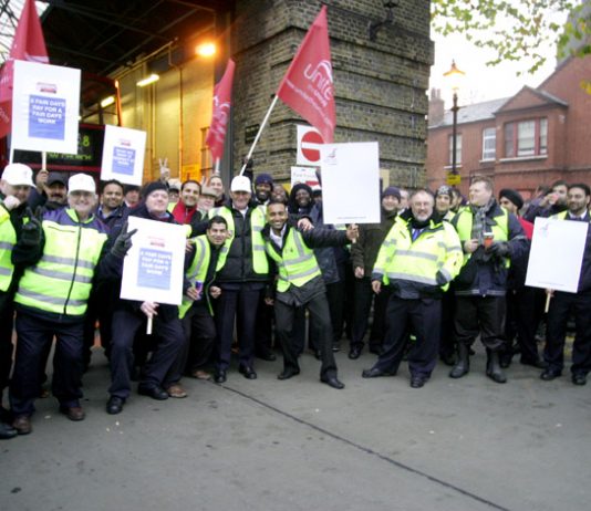 Lively picket line outside Bow  bus garage yesterday morning