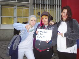 A Wave Of Occupations Hits The London College Of Communication URSULA HUTCHINSON (right, pointing at the placard saying ‘Oppose LCC cuts’) and friends