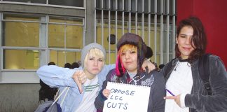 URSULA HUTCHINSON (right, pointing at the placard saying ‘Oppose LCC cuts’) and friends