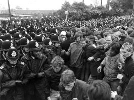 Police confront miners at the battle of Orgreave coke depot, June,1984