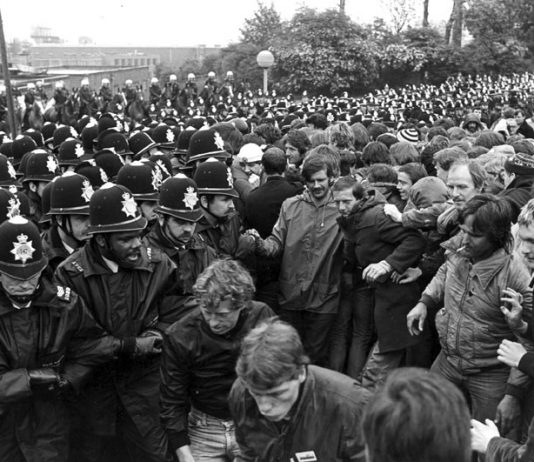 Police confront miners at the battle of Orgreave coke depot, June,1984