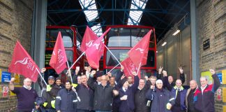 Bow busworkers out in force on their picket line yesterday morning won’t accept a wage freeze