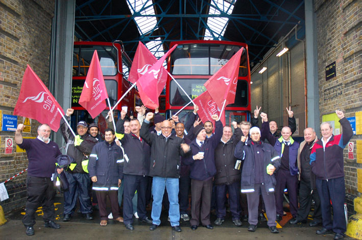 Bow busworkers out in force on their picket line yesterday morning won’t accept a wage freeze