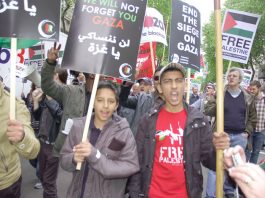 Marchers in London last May demanding an end to the siege on Gaza on the demonstration to commemorate the Nakba Day (Day of Catastrophe) on May 15 1948 when the state of Israel was created as Palestinians were driven from their homes and villages