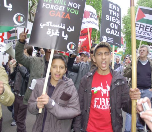 Marchers in London last May demanding an end to the siege on Gaza on the demonstration to commemorate the Nakba Day (Day of Catastrophe) on May 15 1948 when the state of Israel was created as Palestinians were driven from their homes and villages