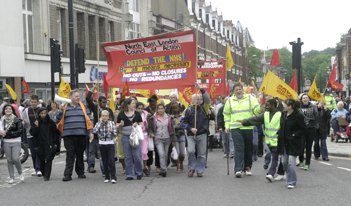 One of the marches through Enfield organised by the Council of Action calling for the occupation of Chase Farm Hospital if there is any attempt to close it