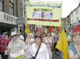 ‘A WORRYING AND DISTURBING PICTURE’ – RCM highlights shortage of midwives Chase Farm Hospital midwives with their banner marching in July 2008 to demand that the hospital be kept open