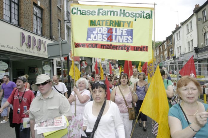 Chase Farm Hospital midwives with their banner marching in July 2008 to demand that the hospital be kept open