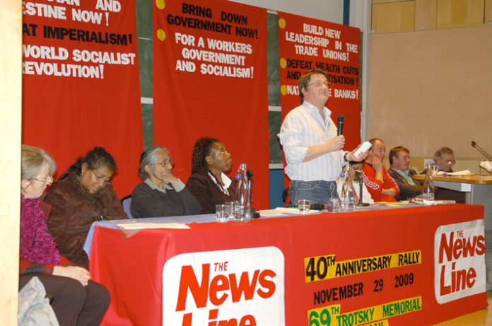 Workers Revolutionary Party General Secretary FRANK SWEENEY addressing yesterday’s News Line Anniversary Rally