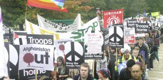 A section of the march in London on October 24 against the war on Afghanistan demanding troops out