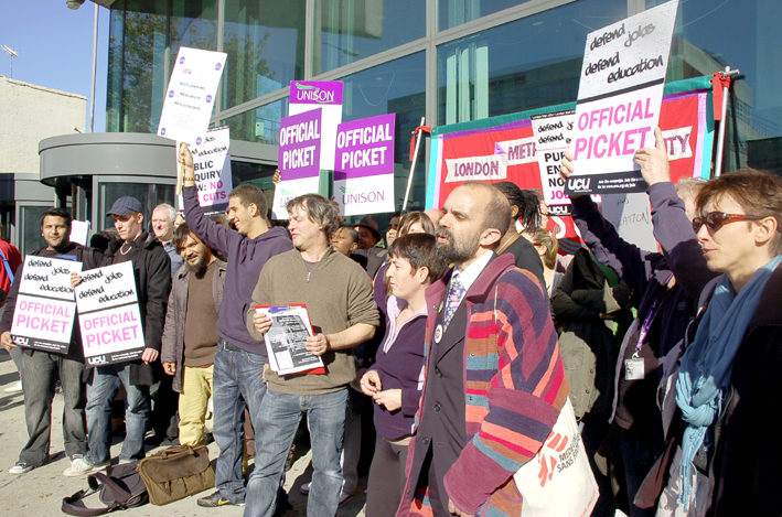 UCU strikers and supporters demonstrate outside London Metropolitan University against plans to slash 800 jobs