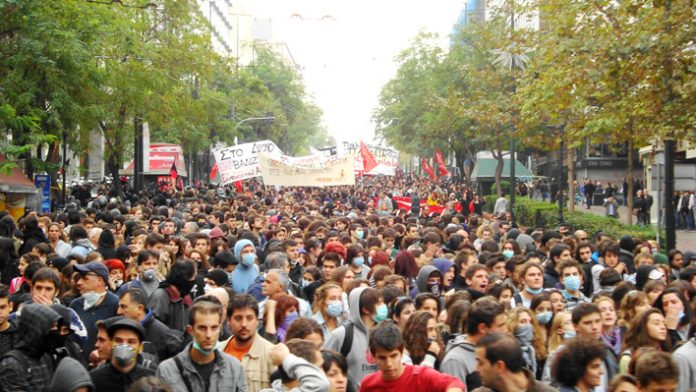 Section of the15,000-strong march in Athens on Monday in commemoration of the police killing of 15-year-old Alexis Grigoropoulos