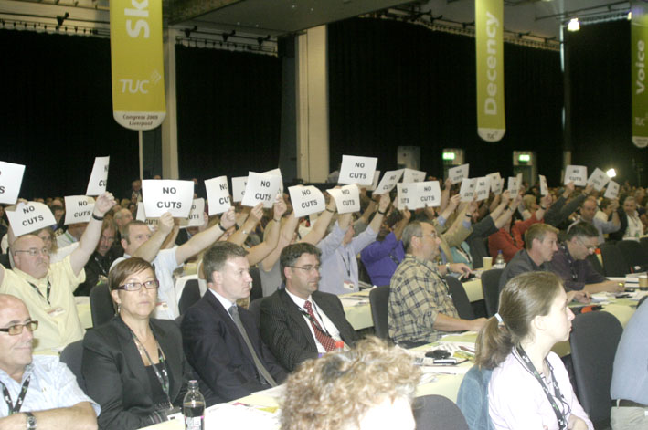 PCS delegation at the TUC Congress this year greeted Prime Minister Brown with the demand ‘No cuts’