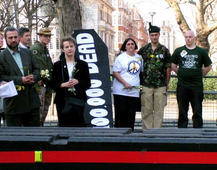 ROSE GENTLE (centre) on the demonstration in March 2005 to mark the second anniversary on the launching of the war on Iraq