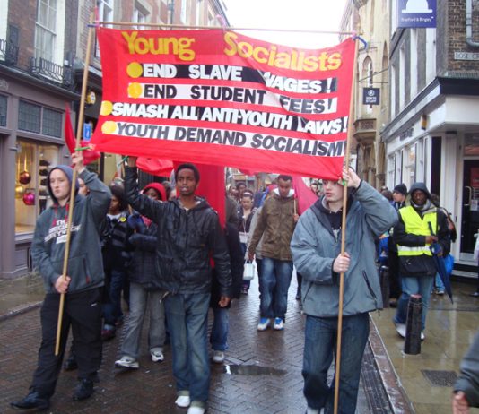 Young Socialists marching in Cambridge last month against slave-labour wages