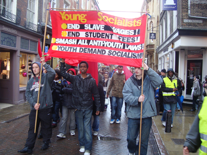 Young Socialists marching in Cambridge last month against slave-labour wages