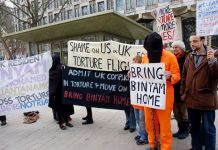 Demonstration outside the US embassy in London  last February calling for the immediate release of Binyam Mohamed