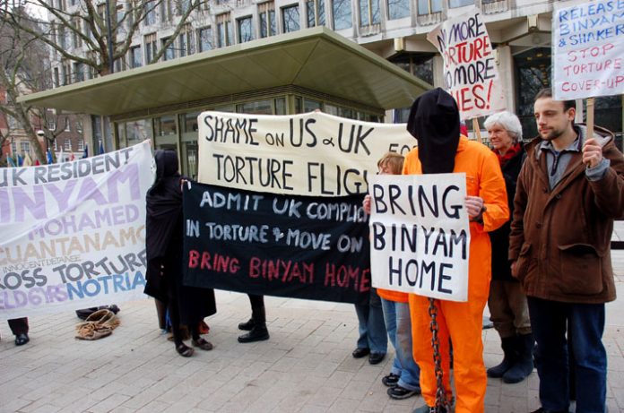 Demonstration outside the US embassy in London  last February calling for the immediate release of Binyam Mohamed