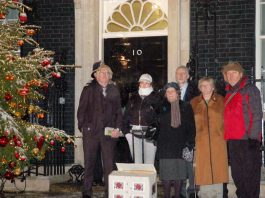 Just six people, PETER BRIERLEY, KARLA ELLIS, LINDSAY GERMAN, GRAHAM KNIGHT, JOAN HUMPHRIES and CHRIS PARSONS, were allowed in to Downing Street with the petition from Military Families Against The War