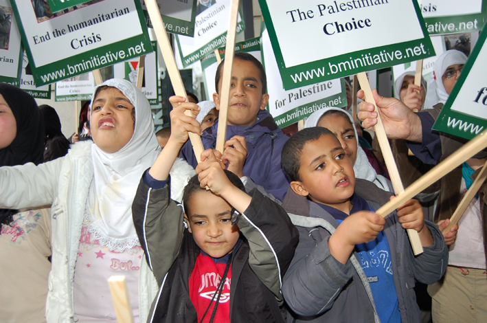 Children at a rally in Trafalgar Square in support of the Palestinian struggle – in Gaza last week children marched to mark the anniversary of Israel’s murderous assault
